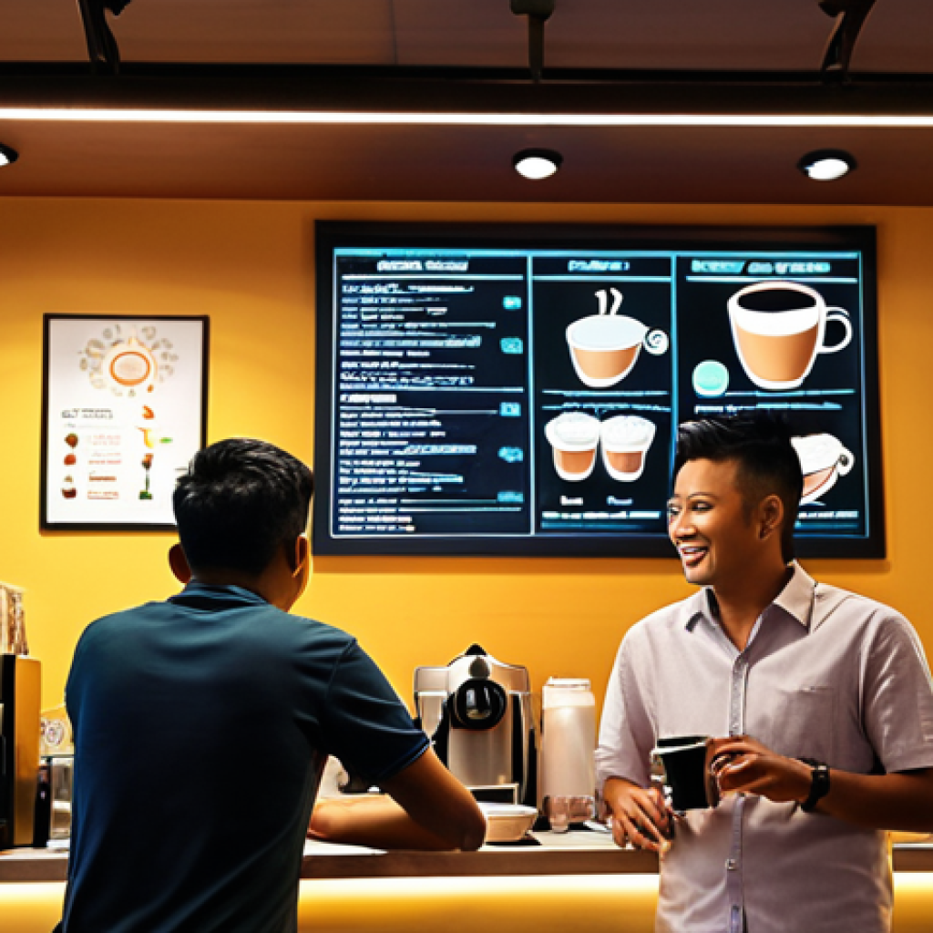 **Prompt 1:** A vibrant, bustling Malaysian coffee shop (like those found in Bangsar) filled with diverse customers enjoying their drinks. A friendly Malay barista is behind the counter. Subtly integrated digital elements show a stylized "data compass" or illuminated graphs above the scene, pointing to peak sales times (e.g., 2-4 PM for iced coffee) and popular items, symbolizing clear customer insights driving business success. High detail, warm lighting, energetic atmosphere.