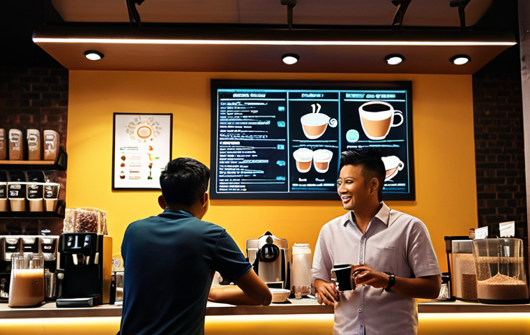 **Prompt 1:** A vibrant, bustling Malaysian coffee shop (like those found in Bangsar) filled with diverse customers enjoying their drinks. A friendly Malay barista is behind the counter. Subtly integrated digital elements show a stylized "data compass" or illuminated graphs above the scene, pointing to peak sales times (e.g., 2-4 PM for iced coffee) and popular items, symbolizing clear customer insights driving business success. High detail, warm lighting, energetic atmosphere.